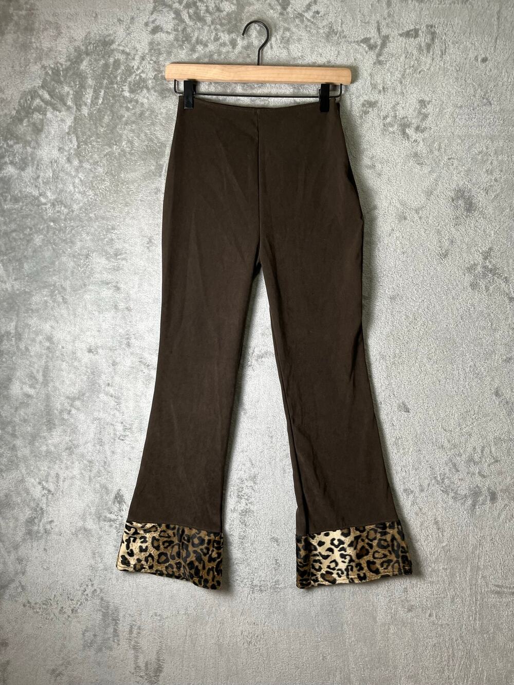 Vintage‎ Y2K Leopard Cuff Flare Pants Brown Low Rise Stretch XS Indie Sleaze New